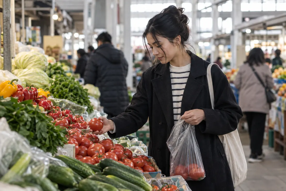 市場で買い物をする日常のイメージ